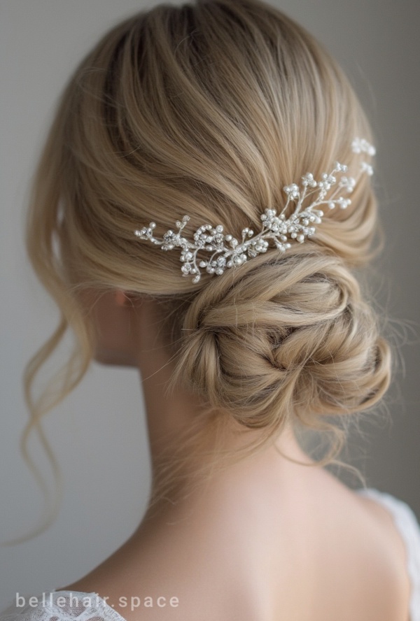 The image shows a woman wearing a white dress and a beautiful bridal hair comb adorned with pearls and crystals. The background is a pristine white, highlighting the intricate details of the comb.