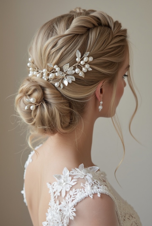 The image shows a woman wearing a white dress and a beautiful bridal hair comb adorned with pearls. The background is a pristine white, highlighting the intricate details of the comb.