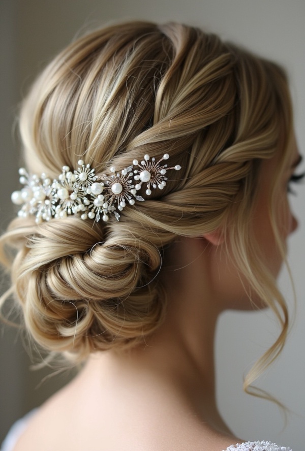 The image shows a woman wearing a white dress and a beautiful bridal hair comb adorned with pearls and crystals. The background is blurred, giving the image a dreamy and romantic feel.