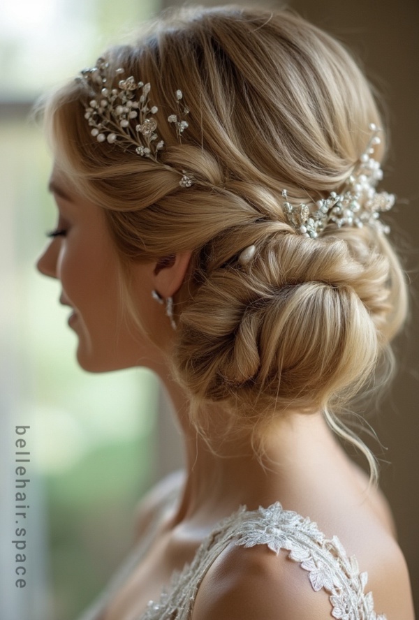 The image shows a woman wearing a wedding dress and a tiara with pearls in her hair, set against a blurred background with a watermark.