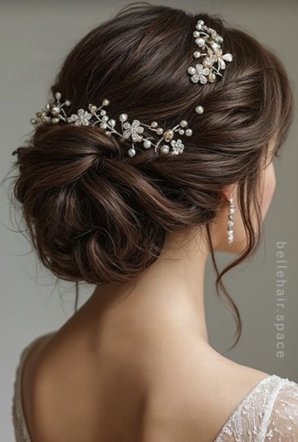 The image shows a woman wearing a white dress and a beautiful bridal hair comb adorned with pearls and crystals. The background is a pristine white, highlighting the intricate details of the comb.