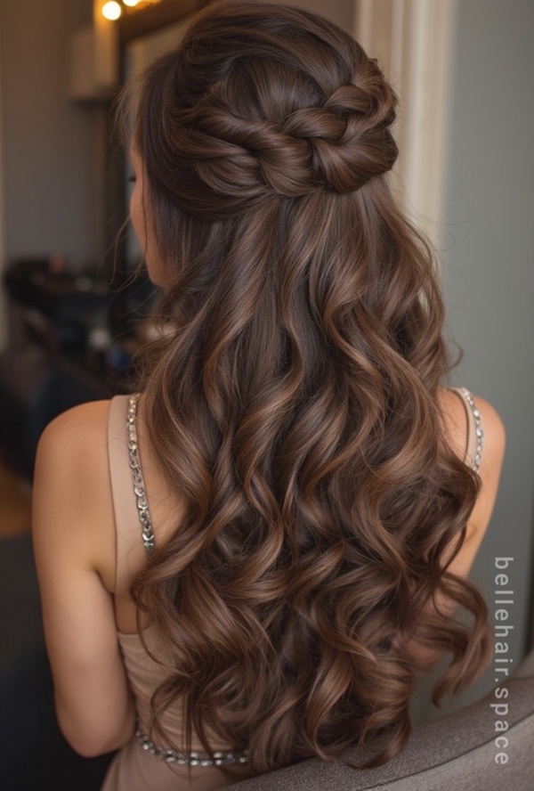 The image shows a woman with long brown hair in a half up half down braid, sitting on a chair in front of a wall with lights and other objects in the background. There is also a watermark on the image.