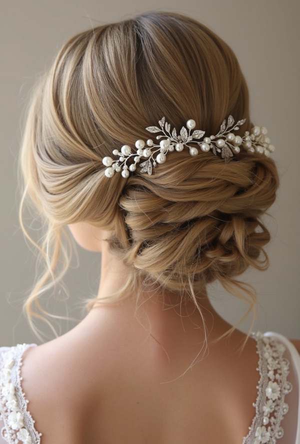 The image shows a woman wearing a white dress with a beautiful bridal hair comb adorned with pearls and crystals. The background is a pristine white, highlighting the intricate details of the comb.