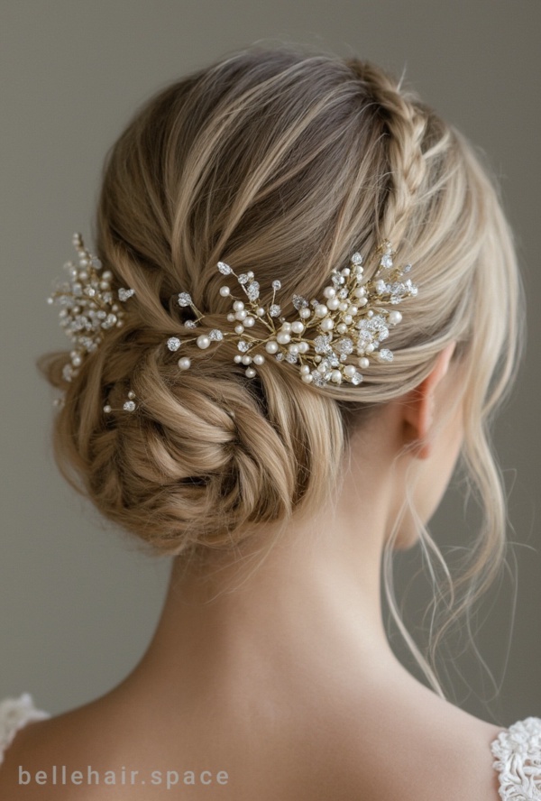 The image shows a woman wearing a white dress with a beautiful bridal hair comb adorned with pearls and crystals. The background is a pristine white, highlighting the intricate details of the comb.