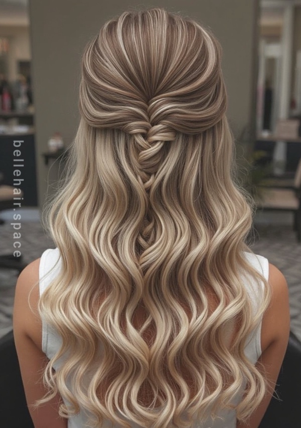 The image shows a blonde woman with long, wavy hair in a half-up half-down braid, sitting on a chair in front of a wall with a few objects on a table to her left. The background is slightly blurred, giving the image a dreamy feel.