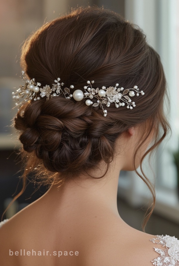 The image shows a woman wearing a white dress with a beautiful bridal hair comb adorned with pearls and crystals. The background is blurred, and there is a watermark on the image.