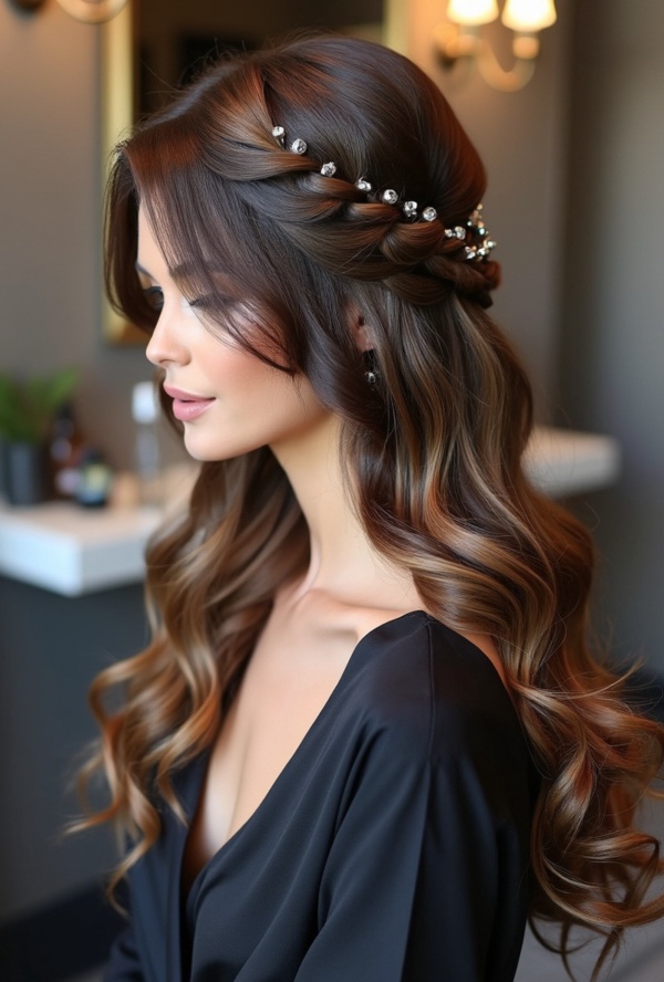 The image shows a woman with long brown hair wearing a black dress and a tiara, standing in front of a wall with lights and a mirror. Her hair is styled in a half-up, half-down look, perfect for a wedding.