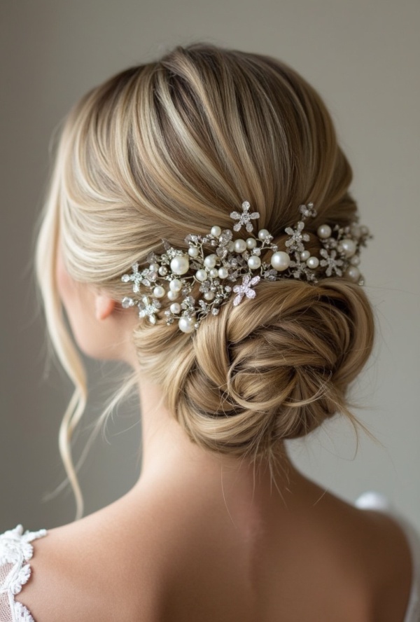 The image shows a woman wearing a white dress and a beautiful bridal hair comb adorned with pearls and crystals. The background is a pristine white, highlighting the intricate details of the comb.