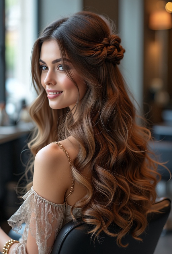 The image shows a woman with long brown hair sitting in a chair with a smile on her face. The background is slightly blurred, giving the image a dreamy feel.