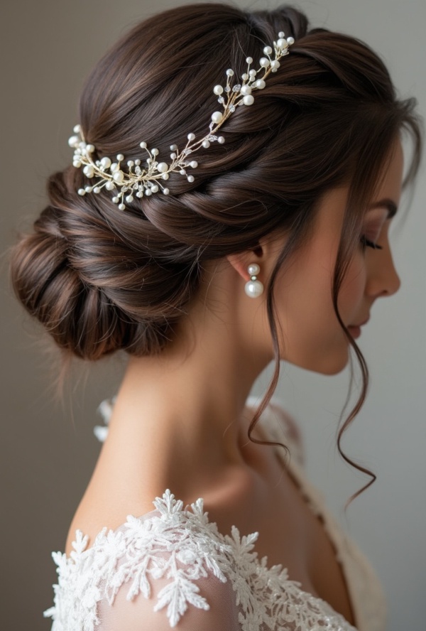 The image shows a woman wearing a white dress and a beautiful bridal headpiece adorned with pearls and crystals. The background is a pristine white, highlighting the intricate details of the headpiece.