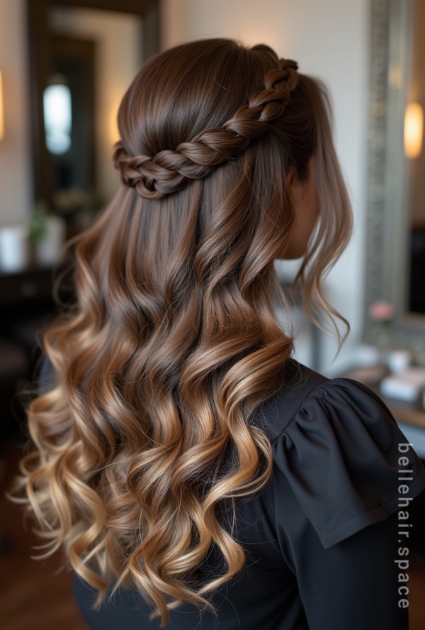 The image shows a woman with long, wavy hair in a half-up half-down braid, wearing a black dress, standing in front of a wall with a mirror and lights. The background is slightly blurred, giving the image a dreamy feel.