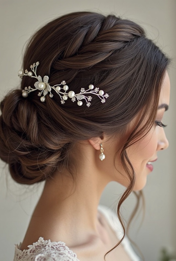 The image shows a woman wearing a white dress and a beautiful bridal hair comb adorned with pearls and crystals. The background is blurred, giving the image a dreamy and romantic feel.