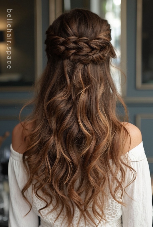 The image shows a woman wearing a white dress with long, wavy hair in a half-up half-down braid. The background is blurred, and there is a watermark on the image.