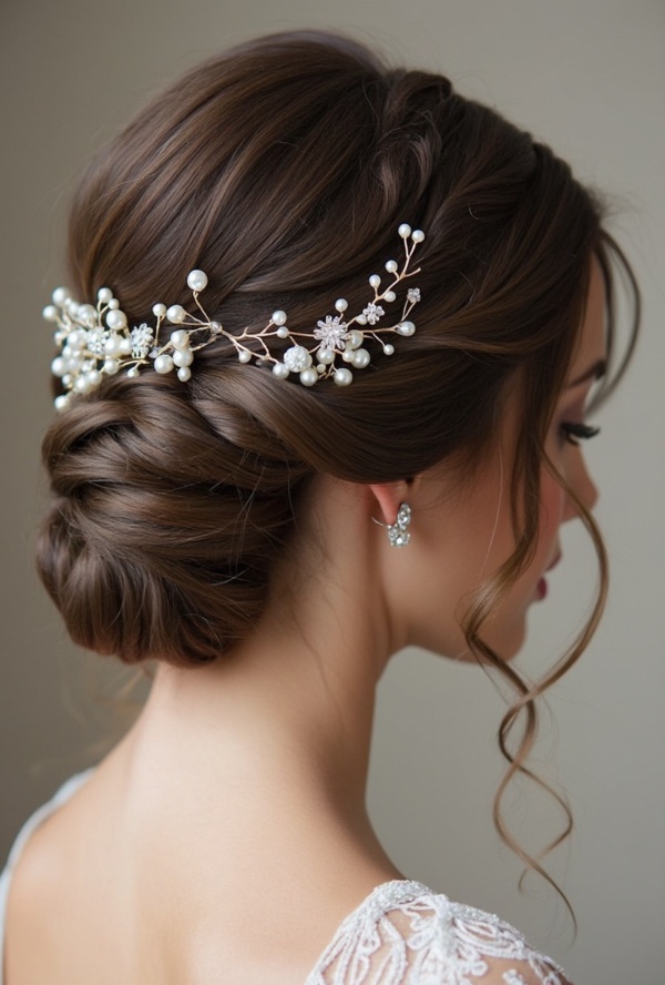 The image shows a woman wearing a white dress and a beautiful bridal hair comb adorned with pearls and crystals. The background is a pristine white, highlighting the intricate details of the comb.