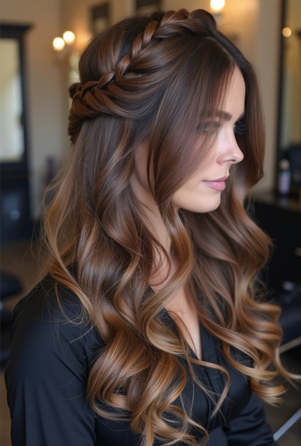 The image shows a woman with long brown hair in a half up half down braid, wearing a black dress, standing in front of a blurred background with lights and a mirror.