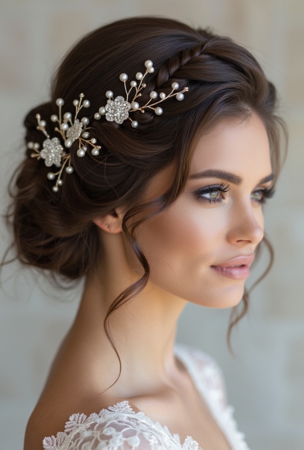 The image shows a woman wearing a white dress and a beautiful bridal hair comb adorned with pearls. The background is blurred, emphasizing the woman and her hair accessory.
