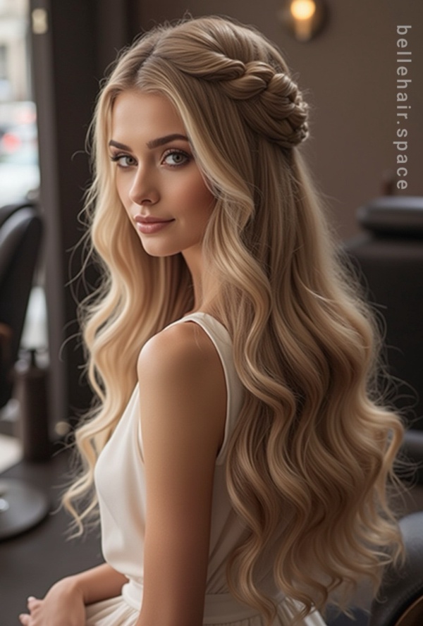 The image shows a blonde woman with long, wavy hair in a half-up half-down braid, sitting on a chair in front of a wall with a light and other objects in the background. There is also a watermark on the image.