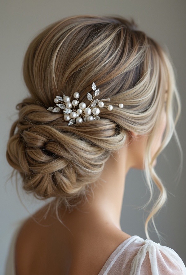 The image shows a woman wearing a white dress and a beautiful bridal hair comb adorned with pearls and crystals. The background is a pristine white, highlighting the intricate details of the comb.