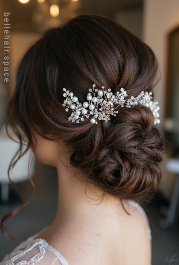 The image shows a woman wearing a white dress with a beautiful bridal hair comb adorned with pearls and crystals. The background is blurred, and there is a watermark on the image.
