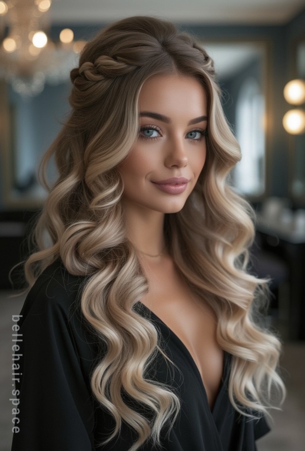 The image shows a blonde woman with long, wavy hair wearing a black dress, standing in front of a blurred background with a chandelier at the top.