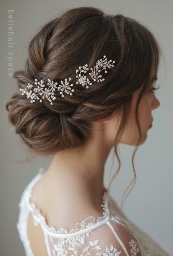 The image shows a woman wearing a white dress and a beautiful bridal hair comb adorned with pearls and crystals. The background is a pristine white, highlighting the intricate details of the hair comb.