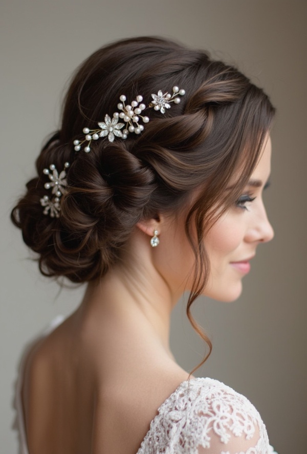 The image shows a woman wearing a white dress and a beautiful bridal hair comb adorned with pearls and crystals. The background is a pristine white, highlighting the intricate details of the comb.