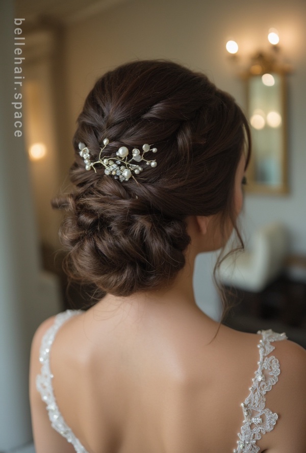 The image shows a woman in a wedding dress with a gold hair comb in her hair, standing in front of a wall with lights and a mirror. On the left side of the image there is some text, likely related to the wedding hairstyle.