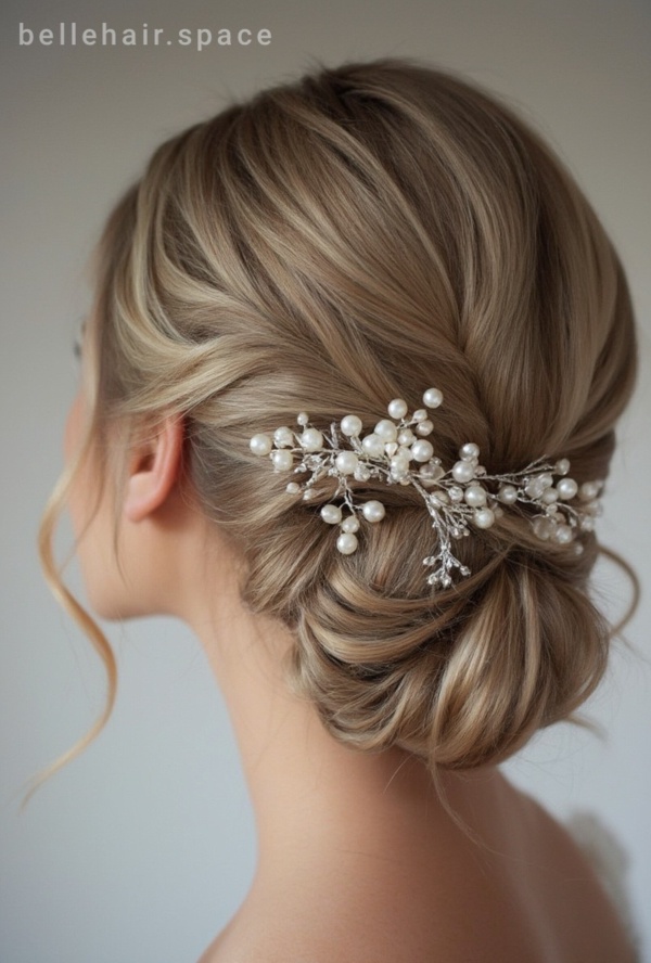 The image shows a woman wearing a beautiful bridal hair comb adorned with pearls and crystals, set against a white background with text at the top.