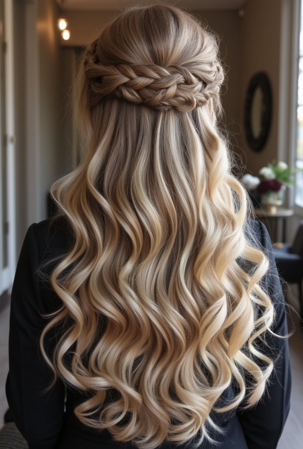 The image shows a woman with long blonde hair in a half up half down braid, wearing a black dress. In the background, there is a chair, a table with a flower vase and other objects, a frame on the wall, and lights on the ceiling. The background is slightly blurred, giving the image a dreamy feel.