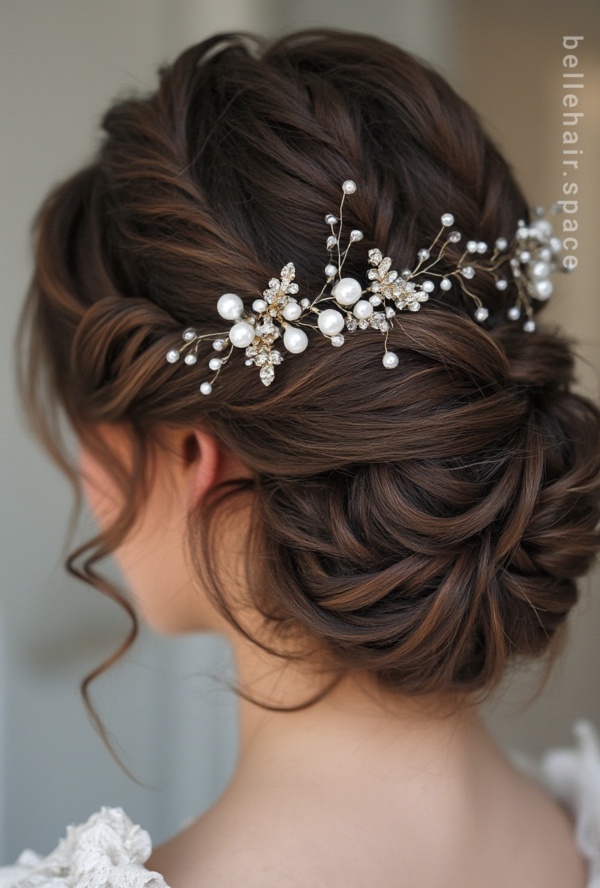 The image shows a woman wearing a white dress and a beautiful bridal hair comb adorned with pearls and crystals. The background is blurred, and there is a watermark on the image.