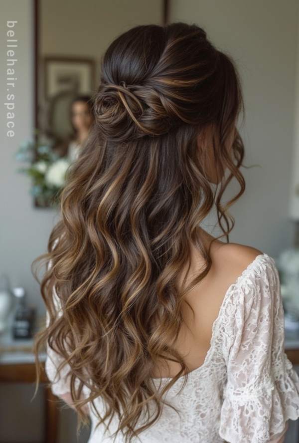 The image shows a woman wearing a white dress with long, wavy hair in a half updo. In the background, there is a mirror attached to the wall and a few objects on the table. The image is slightly blurred, giving it a dreamy, romantic feel.