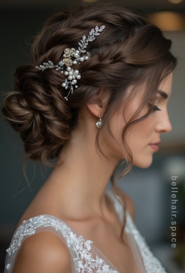 The image shows a woman wearing a white dress and a beautiful bridal hair comb adorned with pearls and crystals. The background is blurred, and there is a watermark on the image.