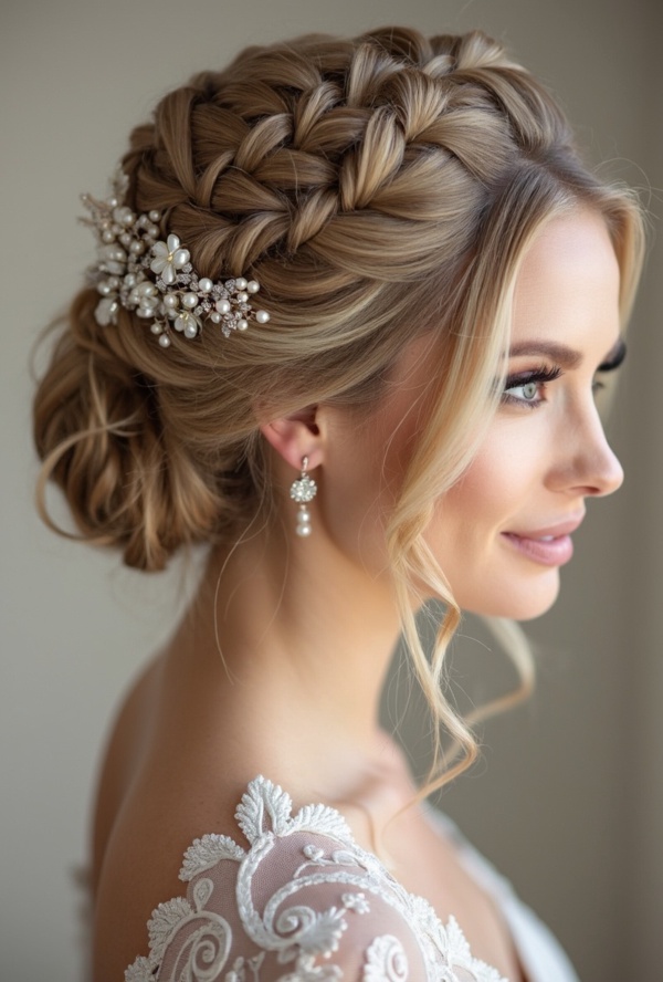 The image shows a woman wearing a white dress and a hair comb with pearls in her hair, set against a blurred background. Her hair is styled in an elegant updo, perfect for a wedding.