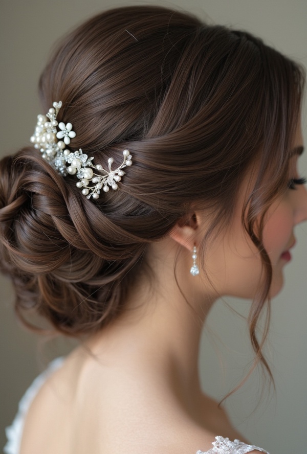 The image shows a woman in a wedding dress with a gold hair comb in her hair, standing in front of a wall with lights and a mirror. On the left side of the image there is some text, likely related to the wedding hairstyle.