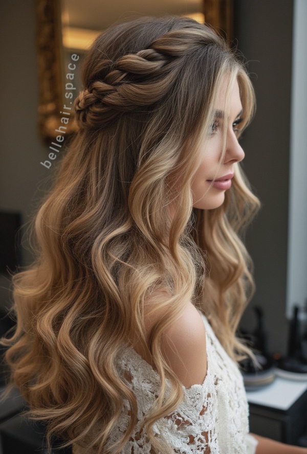 The image shows a woman with long blonde hair in a half-up half-down braid, wearing a white dress, standing in front of a wall with a mirror and various objects on a table to her right.