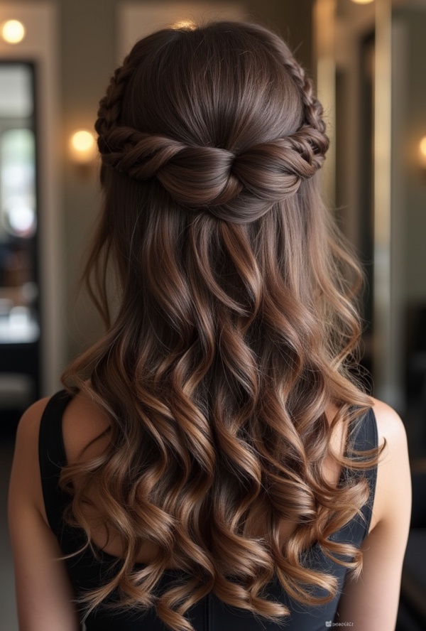 The image shows a woman with long, wavy hair in a half-up half-down braid, wearing a black dress, standing in front of a wall with lights in the background.