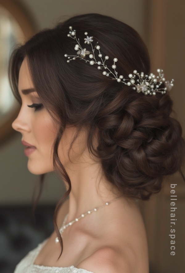 The image shows a woman wearing a white dress and a beautiful bridal hair comb adorned with pearls and crystals. The background is slightly blurred, and there is some text on the right side of the image.