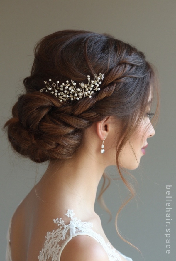 The image shows a woman wearing a white dress and a beautiful bridal hair comb with pearls in her hair. The background is a pristine white, highlighting the intricate details of the comb.