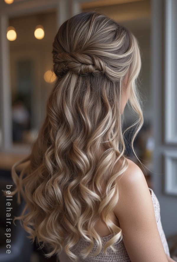 The image shows a woman with long blonde hair in a half updo, standing in front of a blurred background with lights and a door visible. On the left side of the image, there is some text.