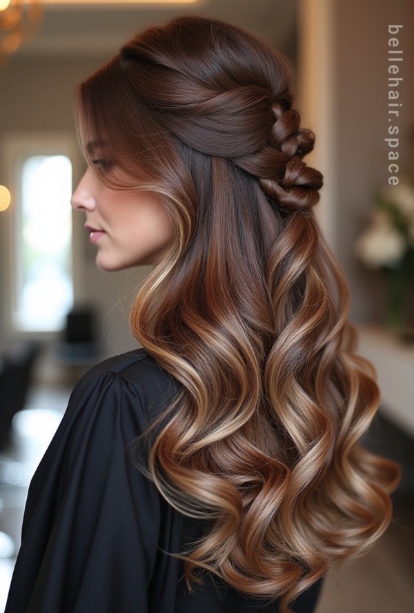 The image shows a woman wearing a black dress with long, wavy hair in a half-up half-down braid. The background is blurred, and there is a watermark on the image.
