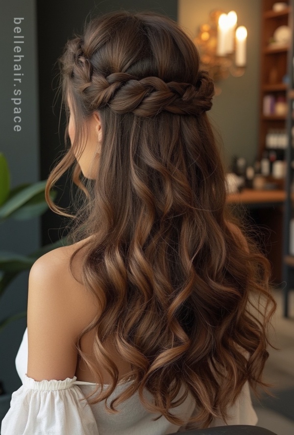 The image shows a woman with long, wavy hair in a half-up half-down braid, sitting on a chair in front of a wall with a plant to her left and a cupboard with candles in the background. On the left side of the image there is some text.