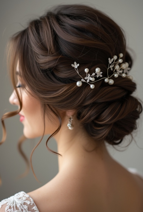 The image shows a woman wearing a white dress and a beautiful bridal hair comb adorned with pearls and crystals. The background is a pristine white, highlighting the intricate details of the comb.