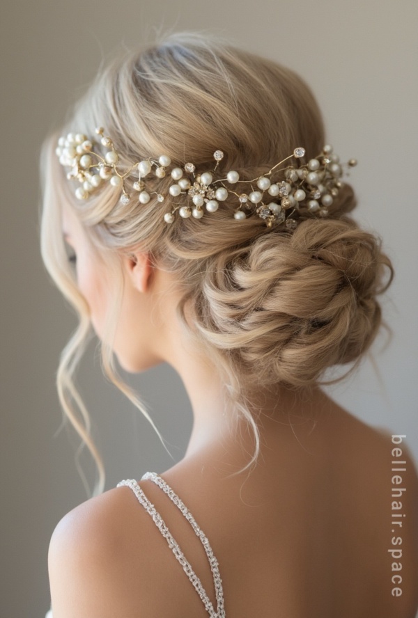 The image shows a woman wearing a white dress and a beautiful bridal hair comb adorned with pearls and crystals. The background is a pristine white, highlighting the intricate details of the comb.