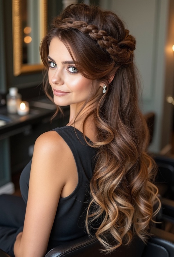 The image shows a woman sitting in a chair with long hair in a half up half down braid. She is wearing a black dress and there is a mirror attached to the wall behind her. The background is slightly blurred, giving the image a dreamy feel.