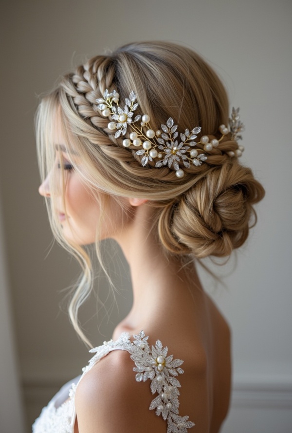 The image shows a woman wearing a white dress and a beautiful bridal headpiece adorned with pearls and crystals. The background is a pristine white, highlighting the intricate details of the headpiece.