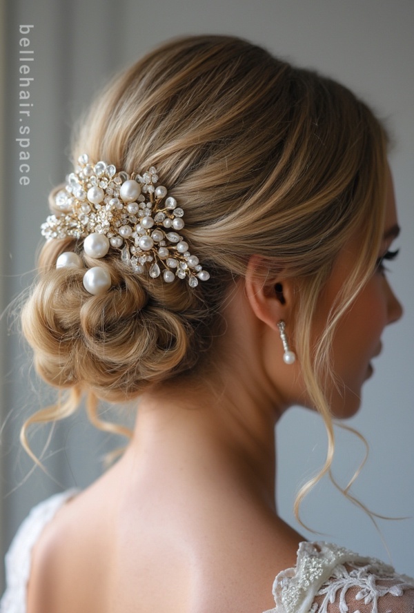 The image shows a woman wearing a white dress with a beautiful bridal hair comb adorned with pearls and crystals. The background is blurred, and there is a watermark on the image.