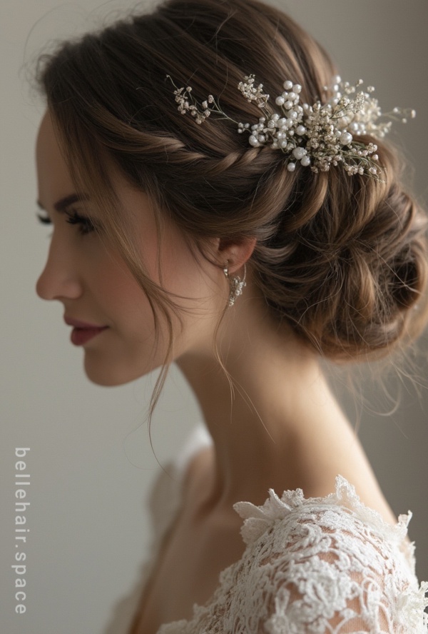 The image shows a woman wearing a white dress and a beautiful bridal hair comb adorned with pearls and crystals. The background is a pristine white, and there is some text on the left side of the image.