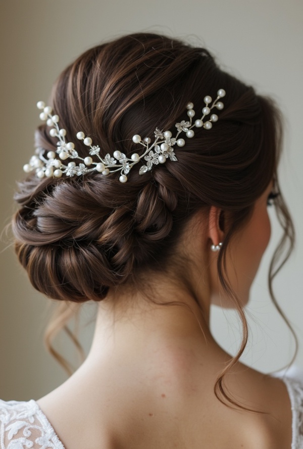 The image shows a woman wearing a white dress and a beautiful bridal hair comb adorned with pearls and crystals. The background is a pristine white, highlighting the intricate details of the comb.