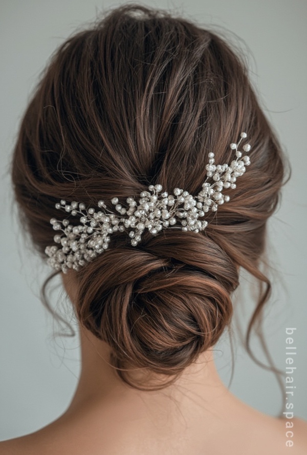 The image shows a woman wearing a beautiful bridal hair comb with pearls and crystals in her hair, set against a white background with a watermark.
