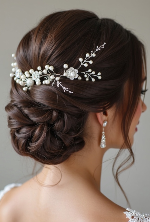 The image shows a woman wearing a white dress and a beautiful bridal hair comb adorned with pearls and crystals. The background is a pristine white, highlighting the intricate details of the comb.